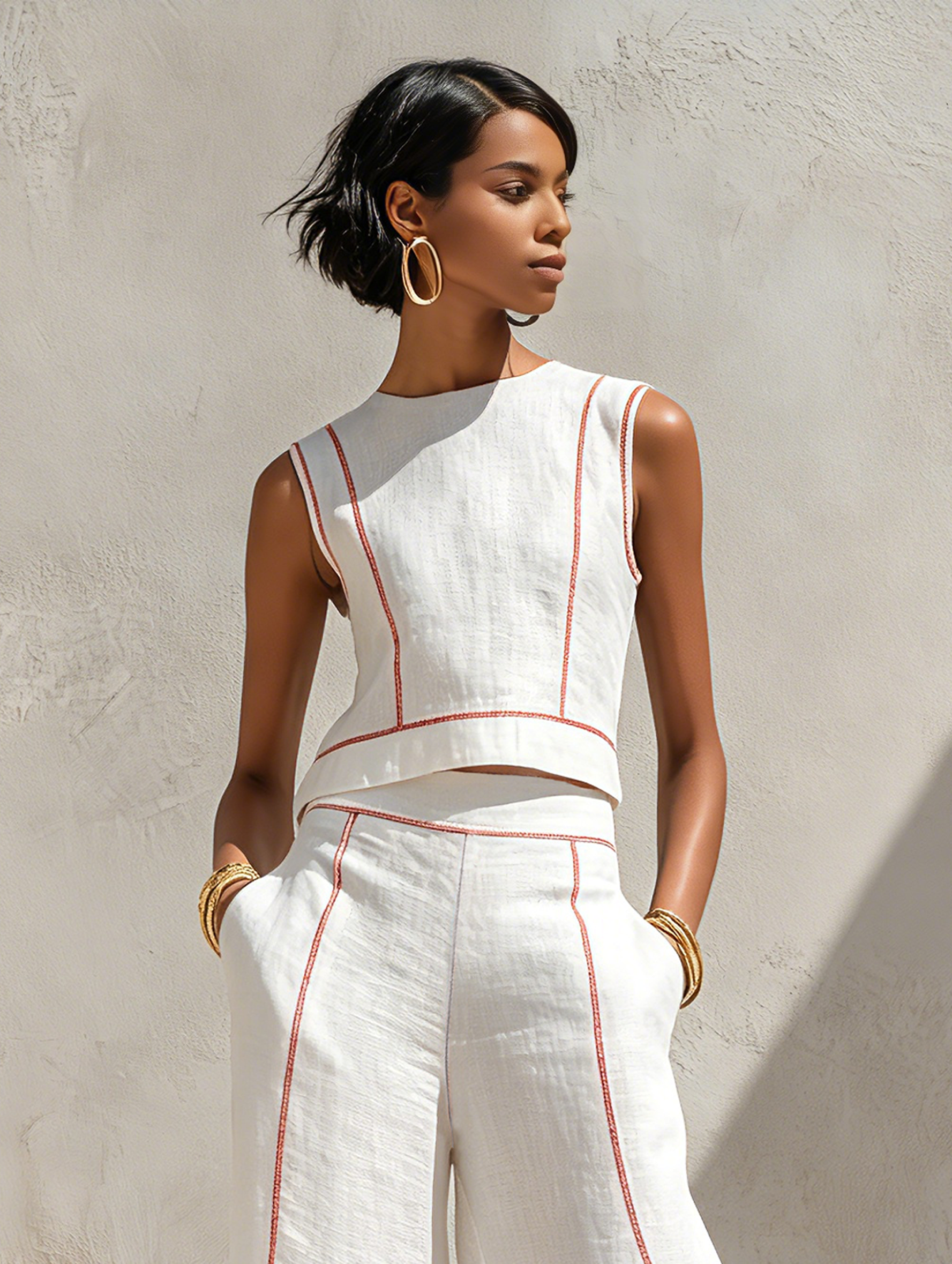 Elegant Contrast-Stitched Pants Set