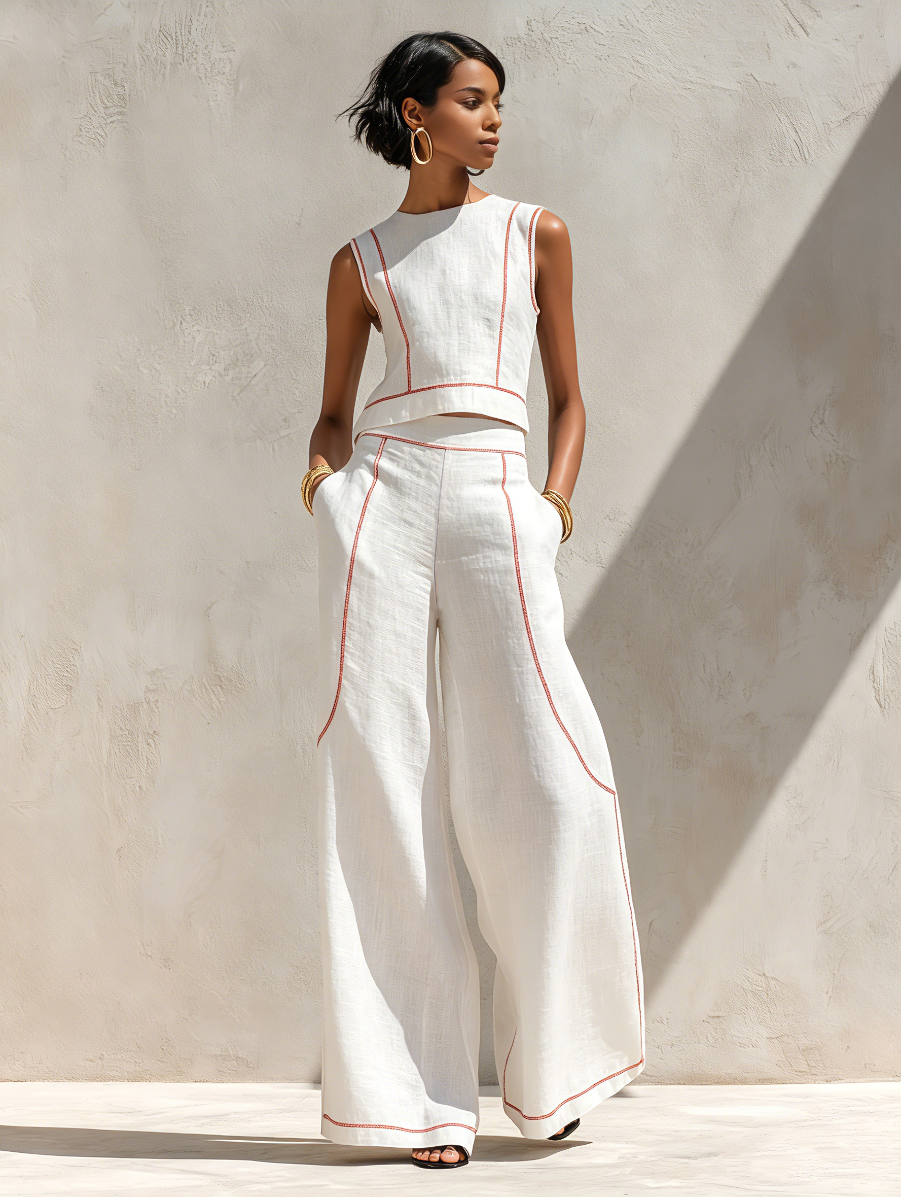 Elegant Contrast-Stitched Pants Set