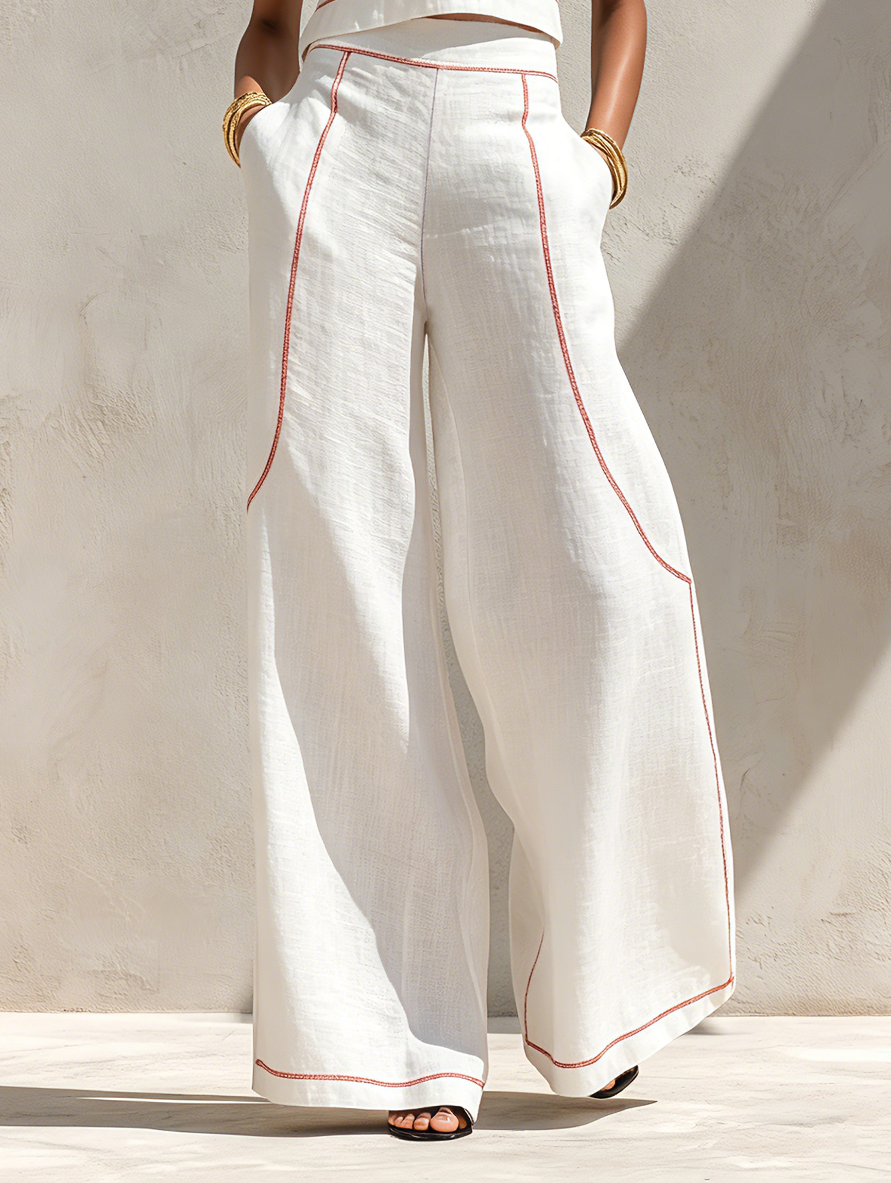 Elegant Contrast-Stitched Pants Set