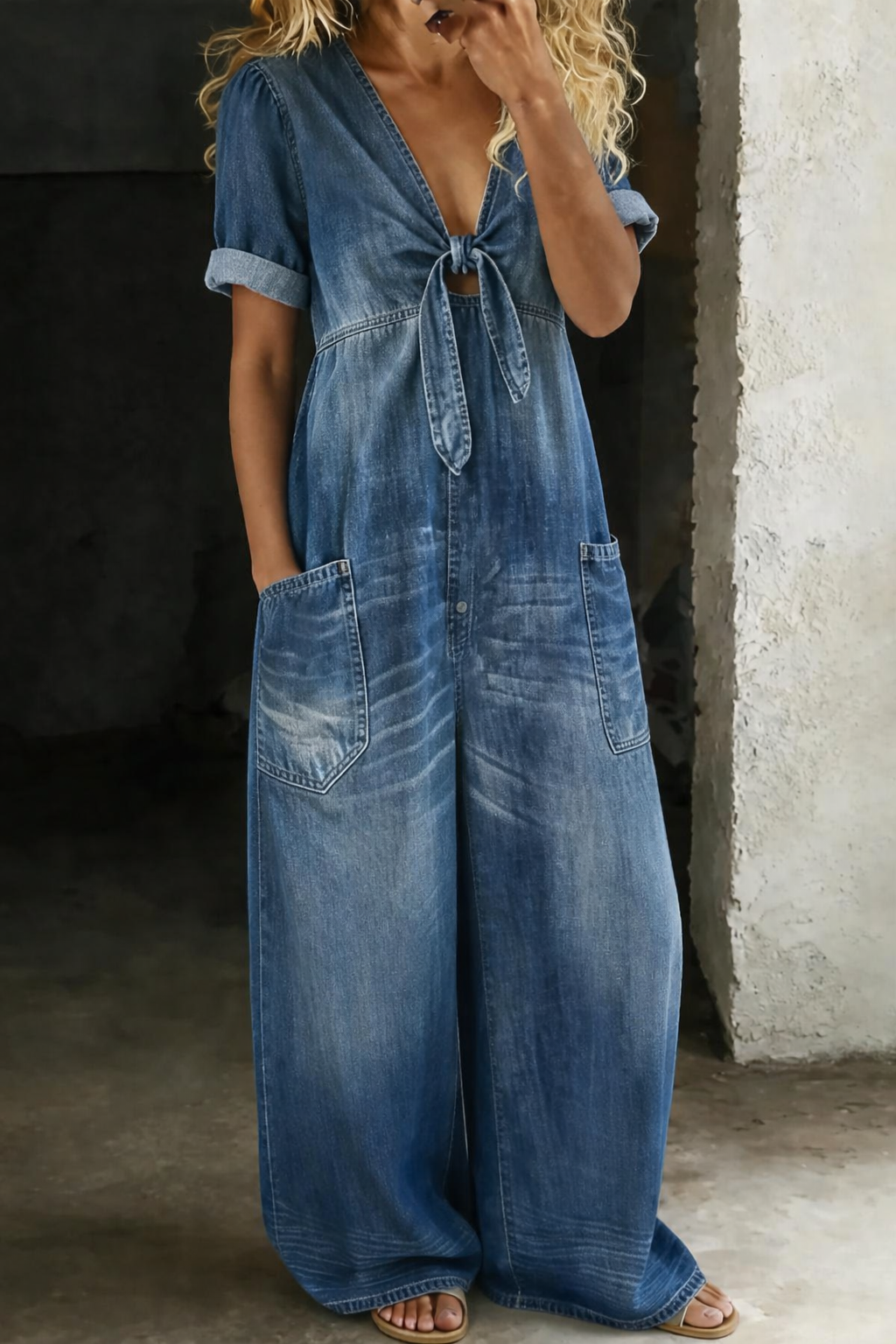 Short Sleeve Denim Jumpsuit