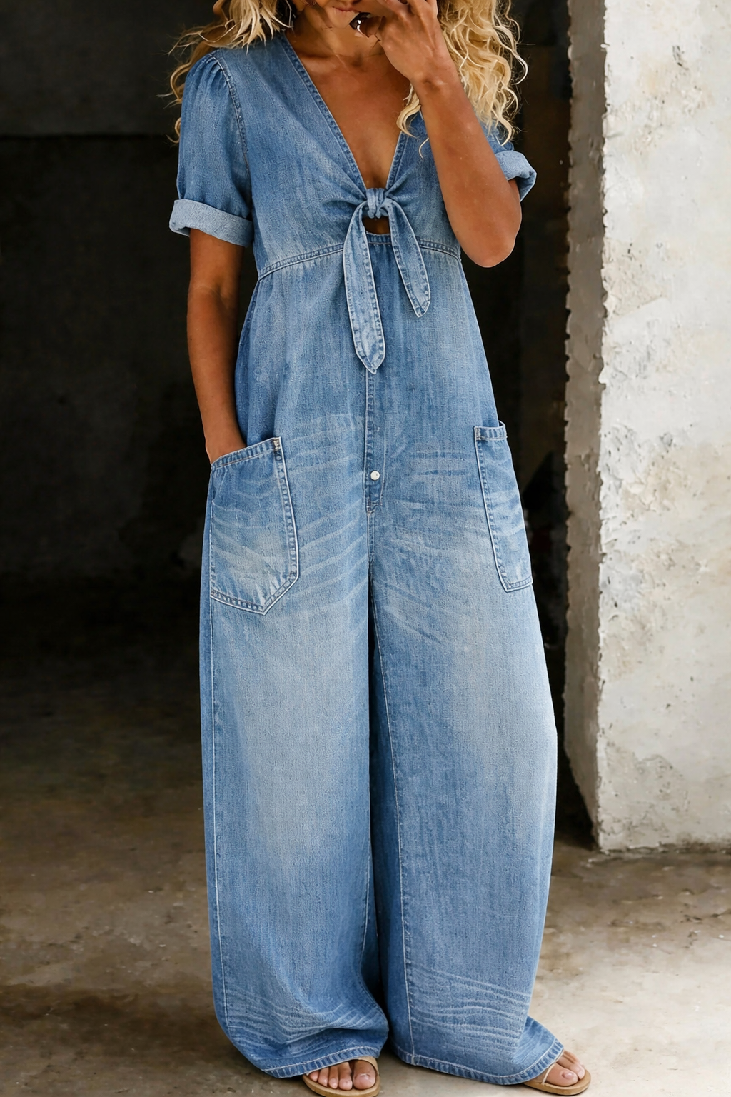 Short Sleeve Denim Jumpsuit
