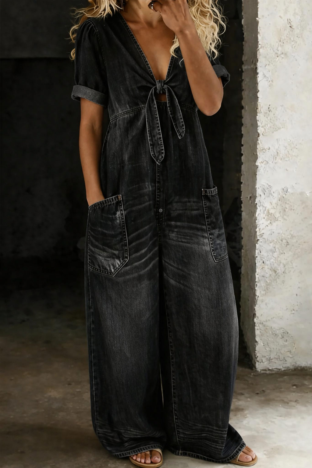 Short Sleeve Denim Jumpsuit