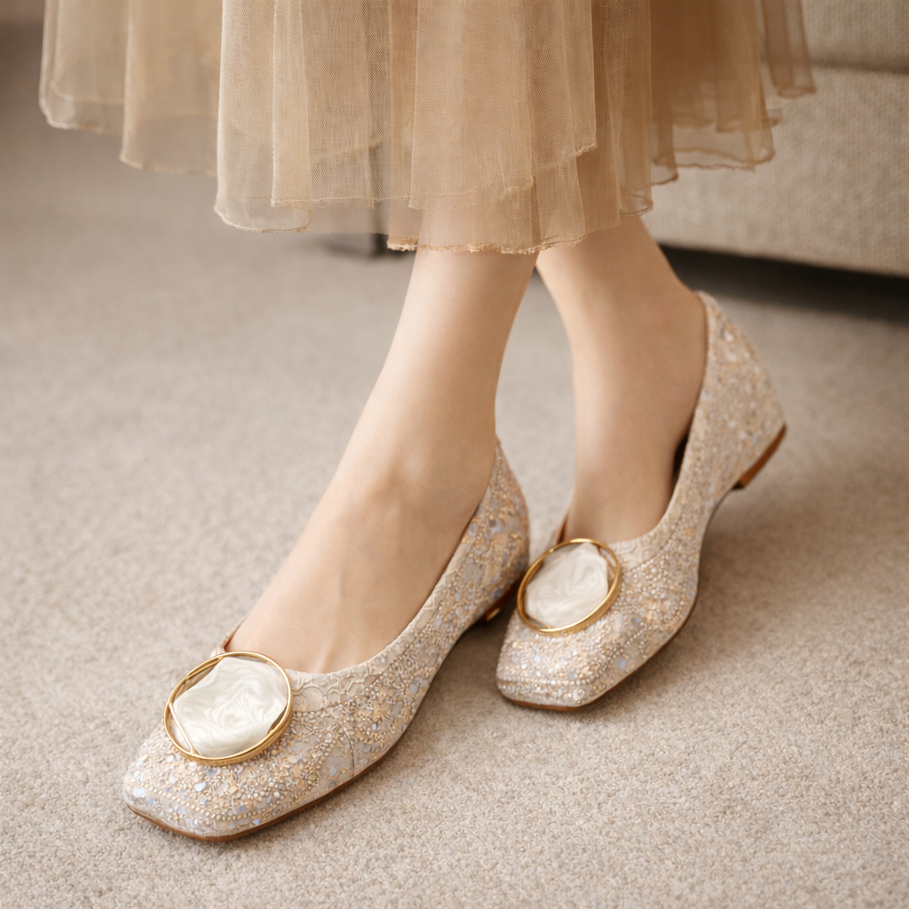 Frida | Ballerina shoes with lace detailing and a marble medallion
