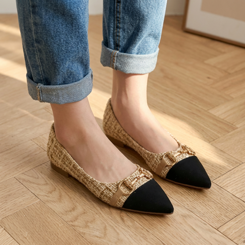 Hilda | Classic Tweed Ballerinas with Gold Details