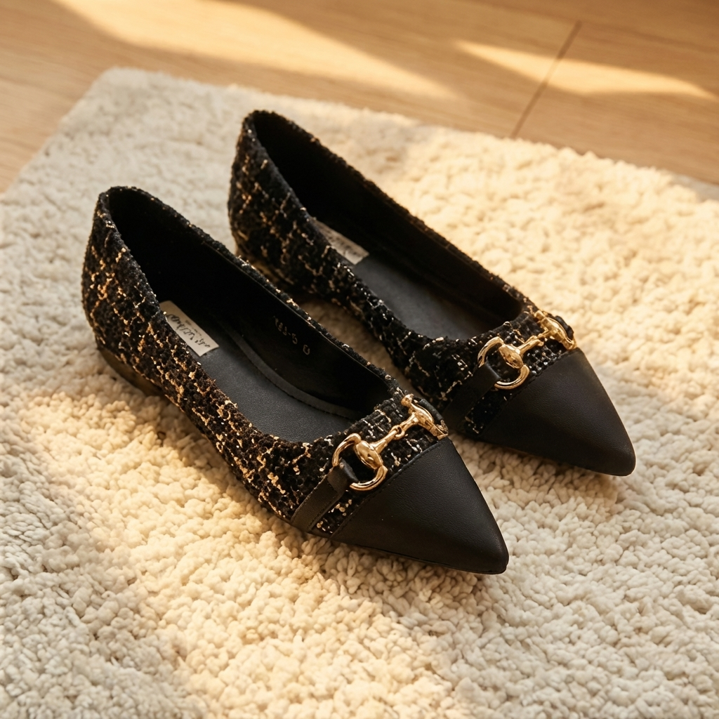 Hilda | Classic Tweed Ballerinas with Gold Details