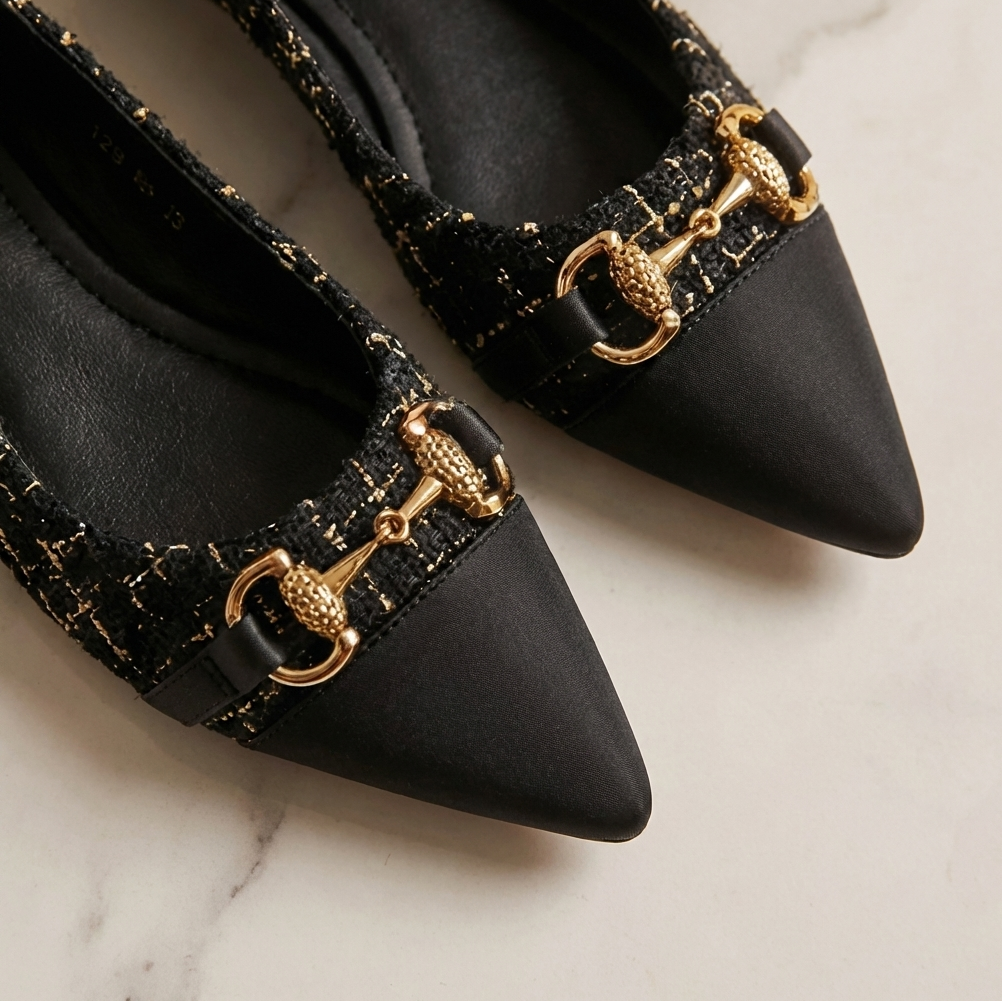 Hilda | Classic Tweed Ballerinas with Gold Details