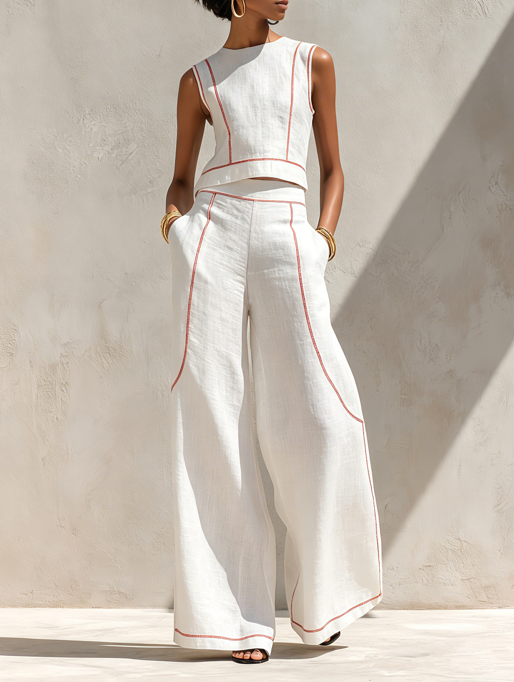 Elegant Contrast-Stitched Pants Set