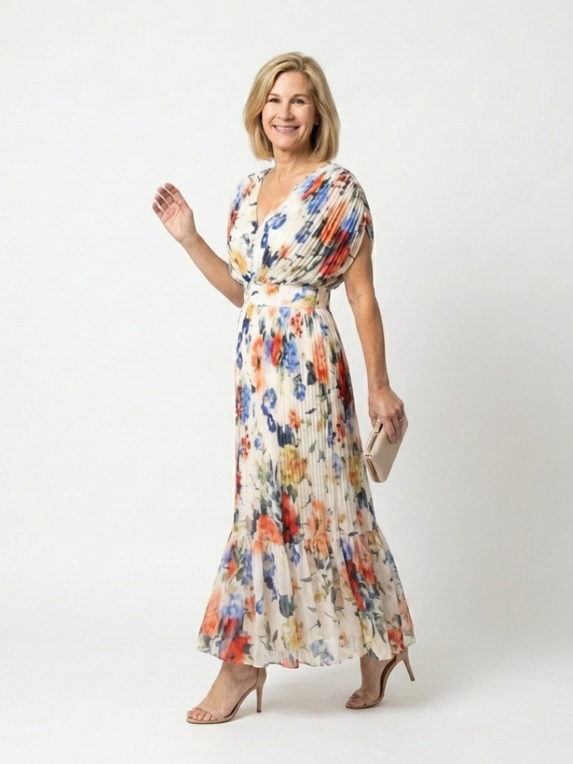 Savannah - Short Sleeve Pleated Floral Midi Dress