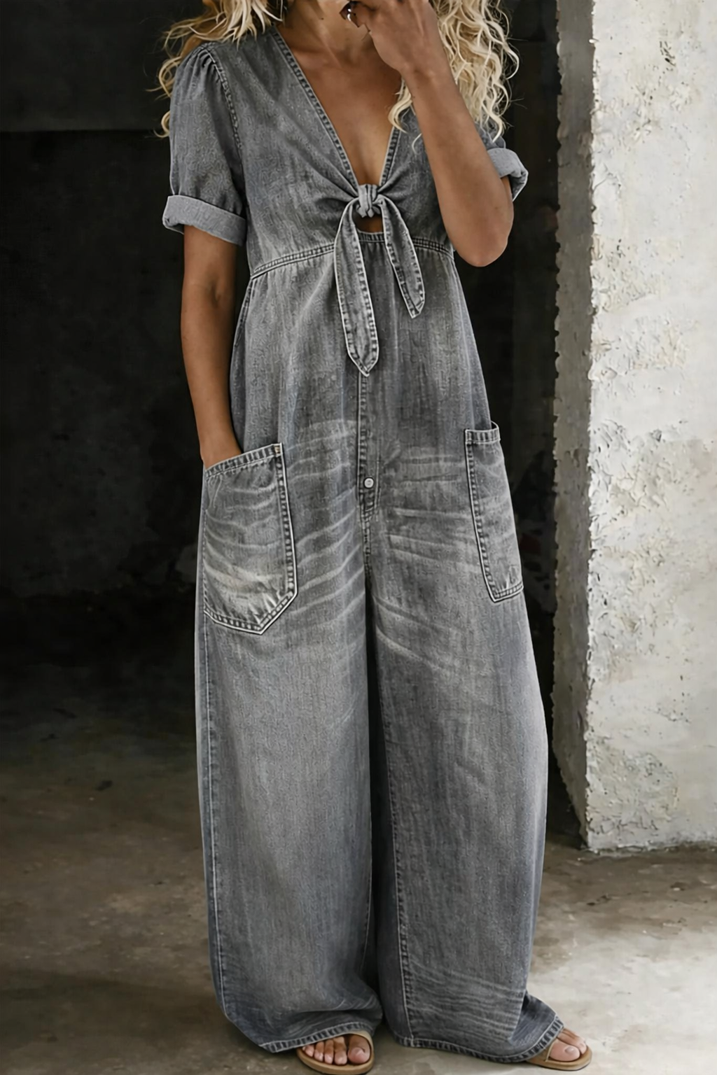 Short Sleeve Denim Jumpsuit