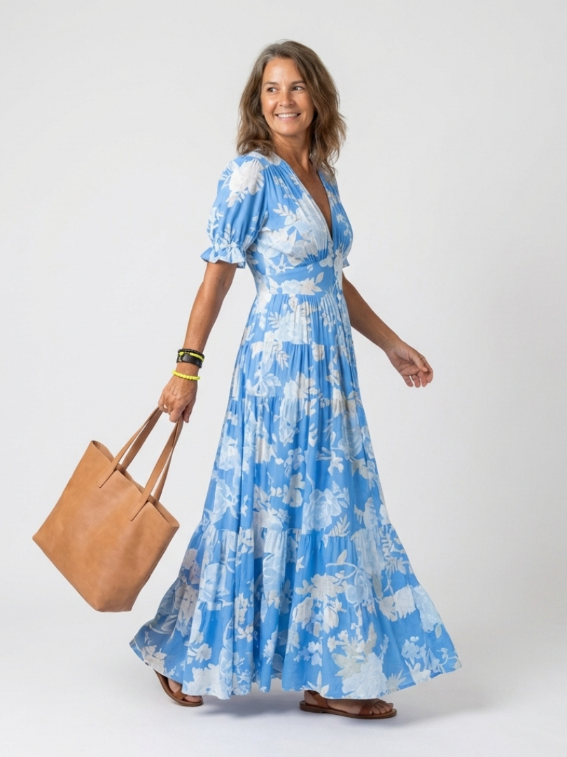 Ione - Short Sleeve V Neck Floral Midi Dress