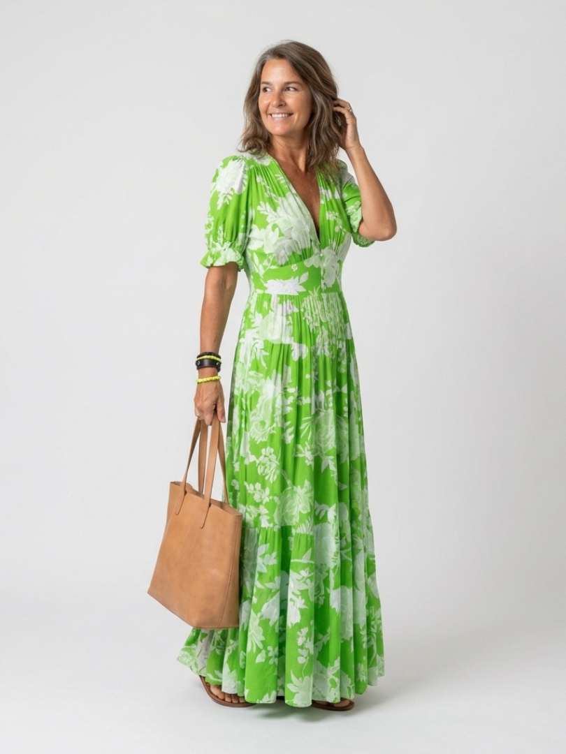 Ione - Short Sleeve V Neck Floral Midi Dress