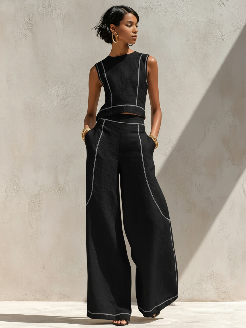 Elegant Contrast-Stitched Pants Set