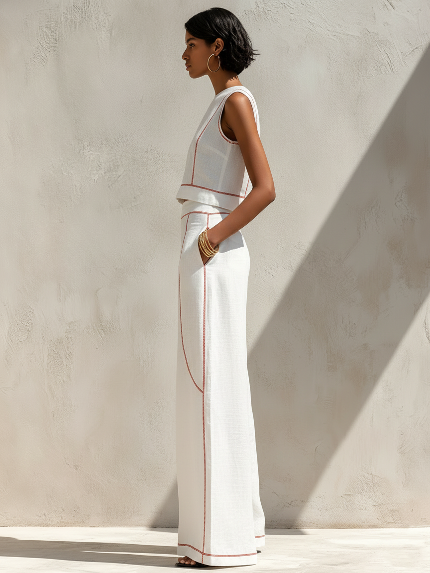 Elegant Contrast-Stitched Pants Set