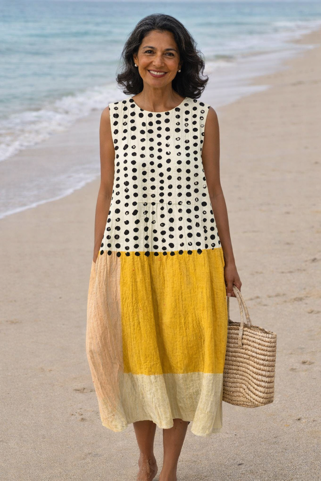 Victoria | Colour Block Midi Dress with Polka Dot Pattern