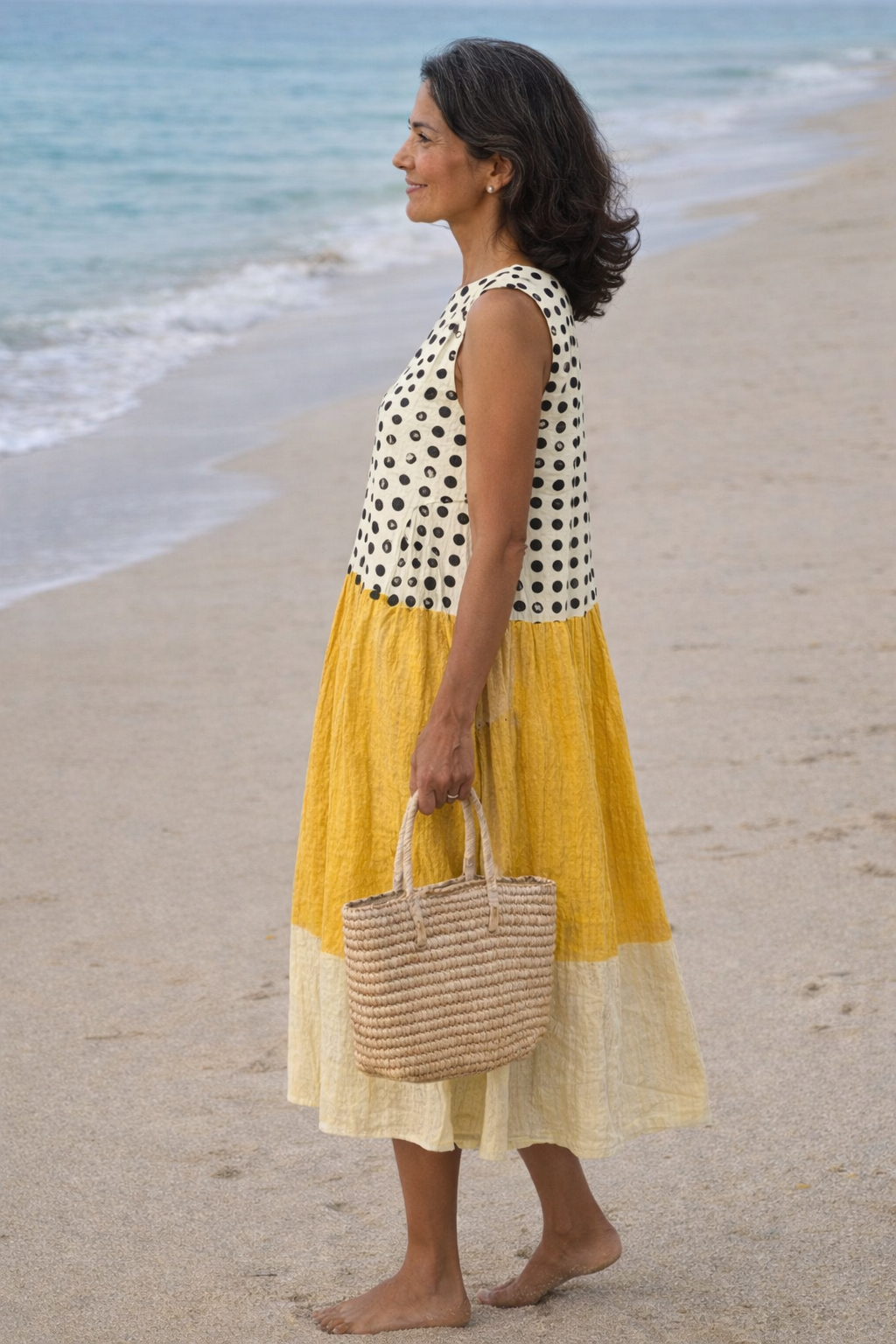 Victoria | Colour Block Midi Dress with Polka Dot Pattern