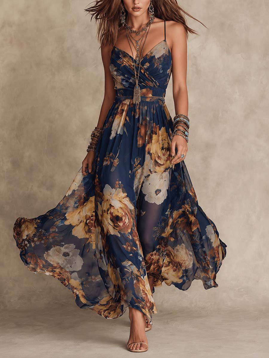 Navy Blue Chiffon Floral Print Spaghetti Strap Maxi Dress