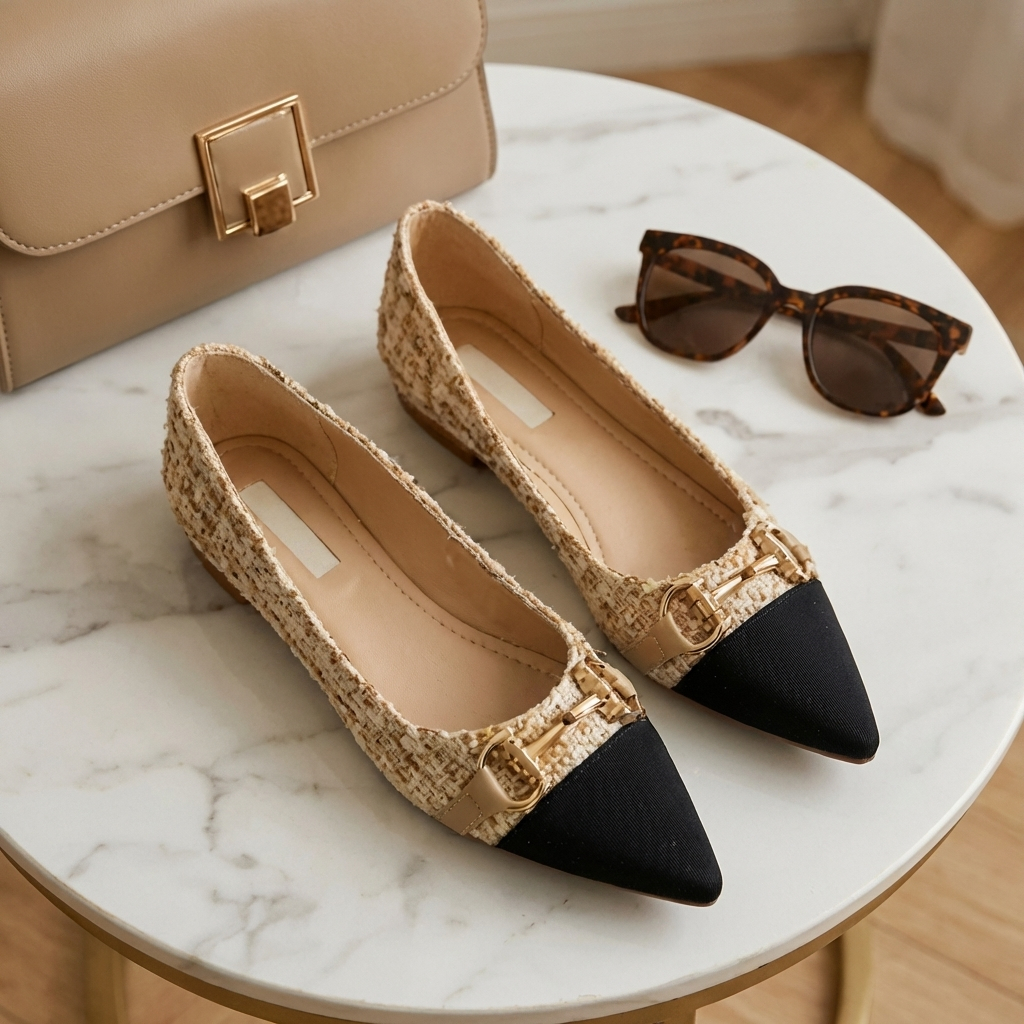 Hilda | Classic Tweed Ballerinas with Gold Details