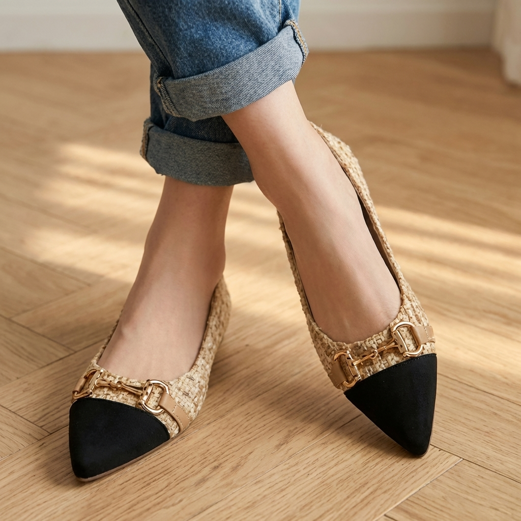 Hilda | Classic Tweed Ballerinas with Gold Details