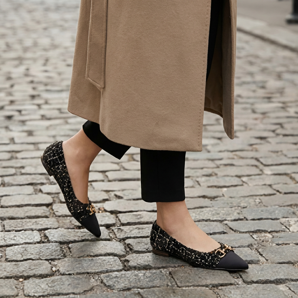 Hilda | Classic Tweed Ballerinas with Gold Details